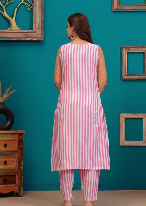 Women Pink Cotton Striped Sleeveless Kurta with Pant Set
