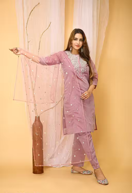 Romania Embroidery Art Silk Pink Kurta with Bottom for Women