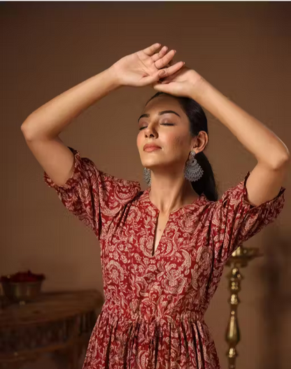 Ankel lenth ajrkha print anarkali Dress for women