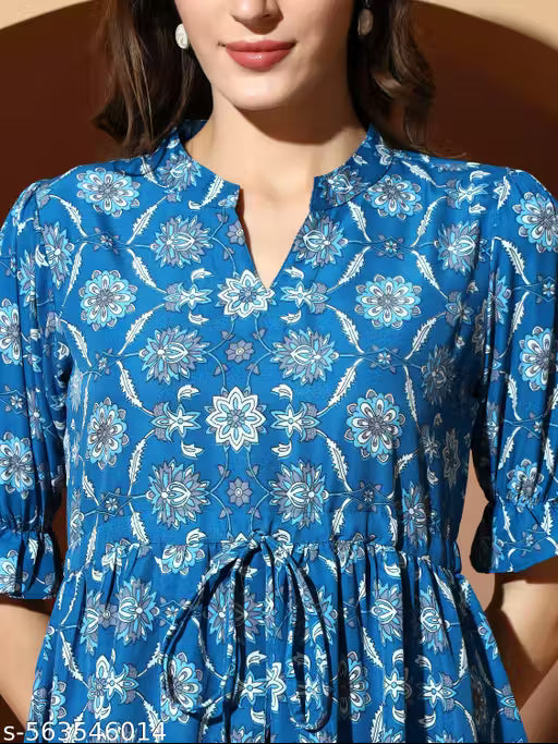 OTABU | Dress For Women | Floral Printed | Tiered Midi Dress | Puff Sleeves | Drawstring Waist