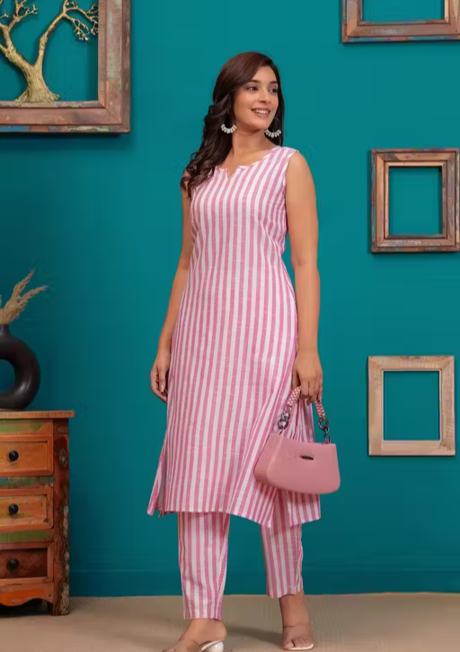 Women Pink Cotton Striped Sleeveless Kurta with Pant Set