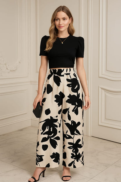 Women Floral Print Wide Leg Trousers With T-Shirt