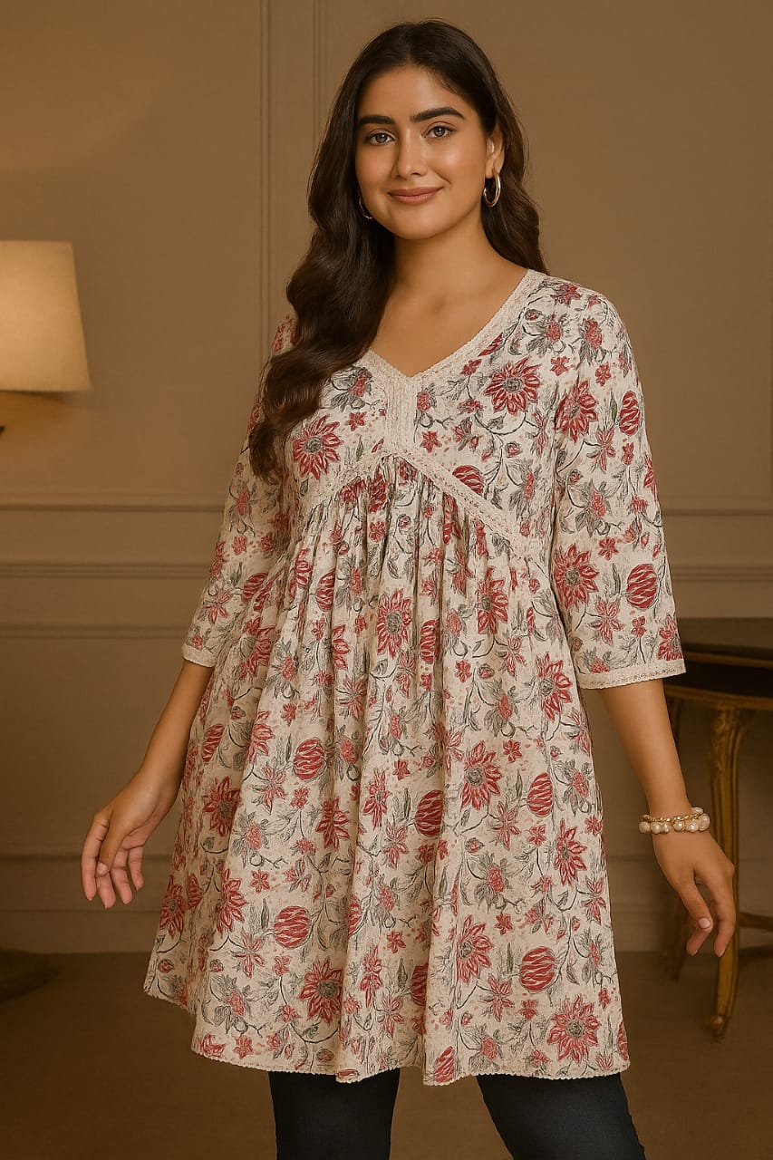 Women's rayon printed alia cut anarkali short kurti