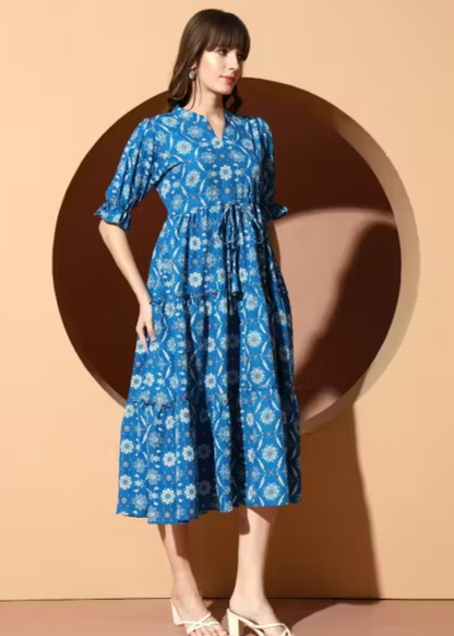 OTABU | Dress For Women | Floral Printed | Tiered Midi Dress | Puff Sleeves | Drawstring Waist