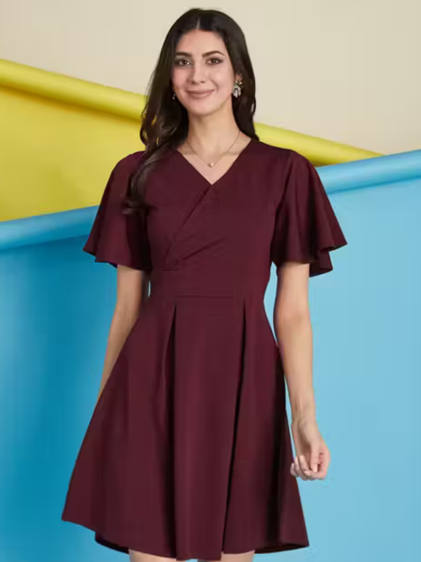 SELVIA Lycra Maroon Dyed/ Washed Dress