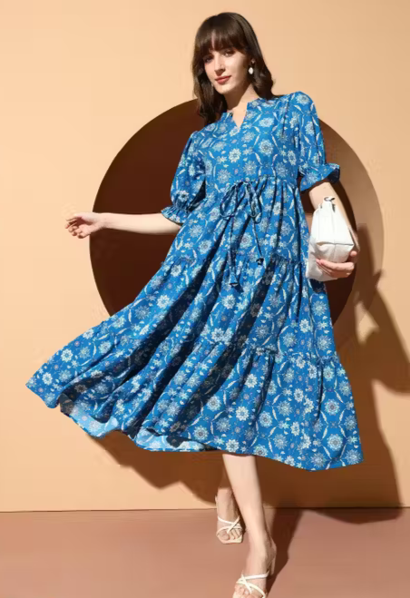 OTABU | Dress For Women | Floral Printed | Tiered Midi Dress | Puff Sleeves | Drawstring Waist