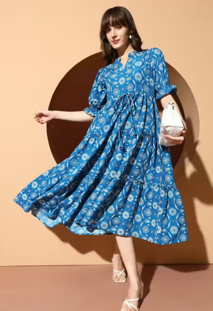 OTABU | Dress For Women | Floral Printed | Tiered Midi Dress | Puff Sleeves | Drawstring Waist