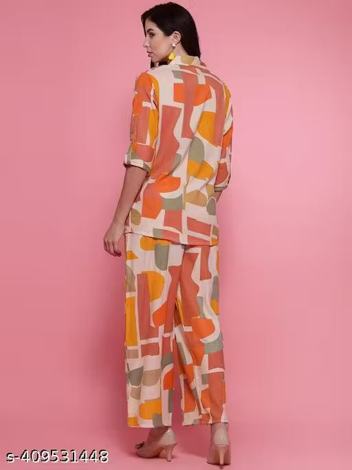 Loose-Fit Abstract Printed Belted Shirt & Palazzos Printed Pure Cotton Shirt Collar Neck Shirt & Flared Palazzo Co-Ords