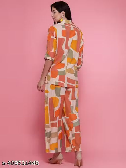 Loose-Fit Abstract Printed Belted Shirt & Palazzos Printed Pure Cotton Shirt Collar Neck Shirt & Flared Palazzo Co-Ords