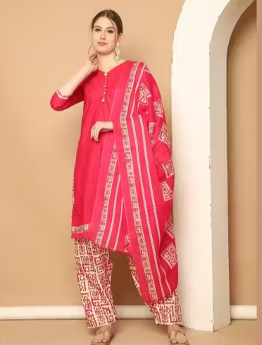 Shree Vinayak Fashions Pink Cotton Blend Printed Ready to Wear Patiala Salwar Suit